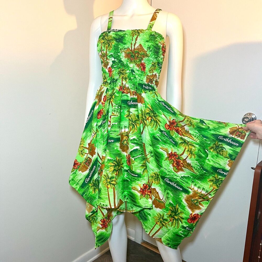 Vintage Tropical Asymmetric Dress OS Resort Y2K Coconut Girl Vacation Beach Boho